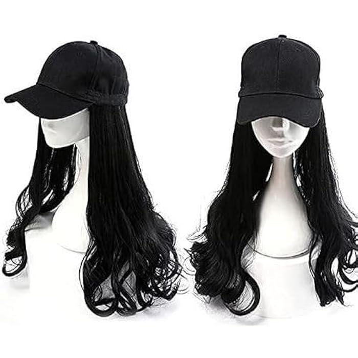 Women's Baseball Cap with Wig Black Long Wavy Synthetic Hair Wig with Sport Cap